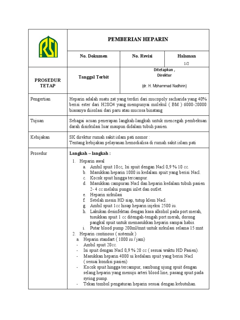 Prosedur Tetap Pemberian Heparin | PDF
