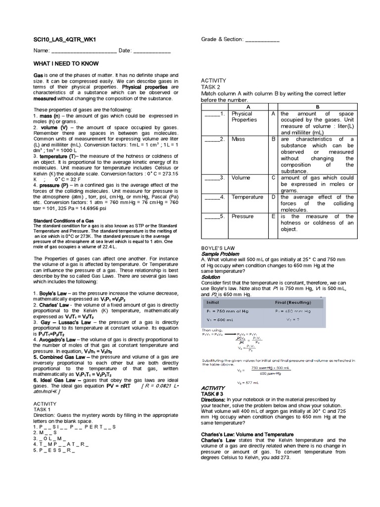 Gas Laws for Grade 10 Science | PDF | Gases | Temperature
