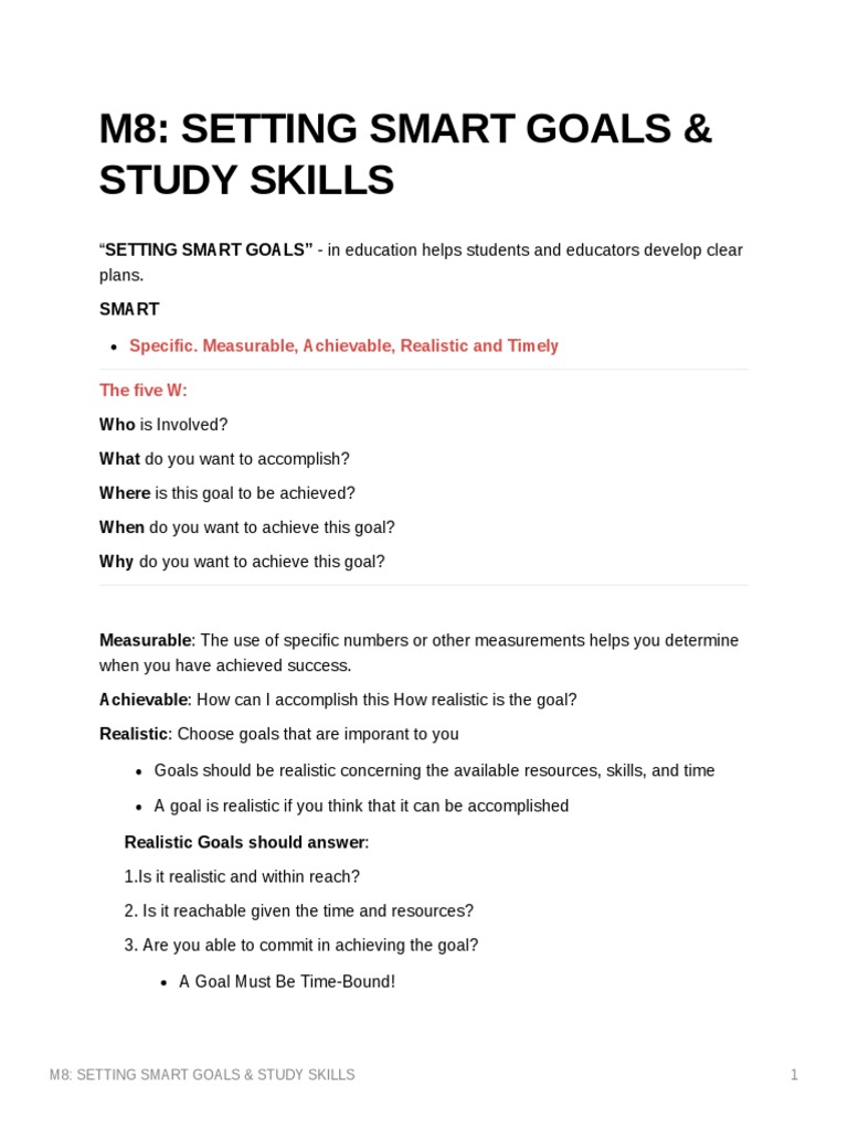 M8 Setting Smart Goals Study Skills Pdf