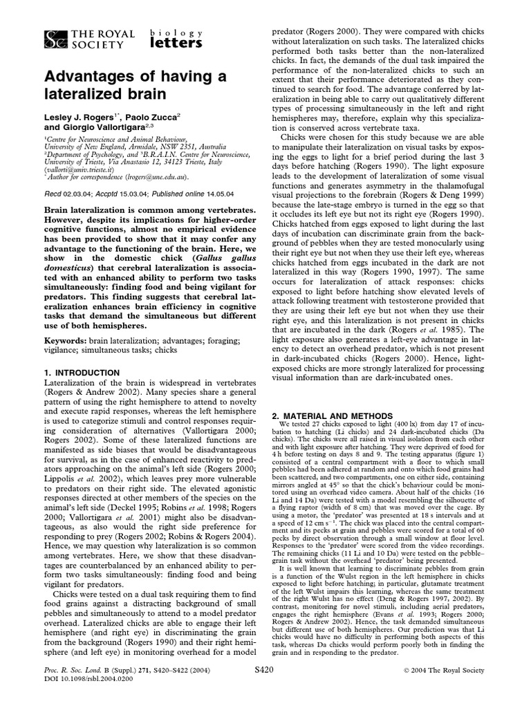 Advantages of Having A Lateralized Brain PDF Lateralization Of