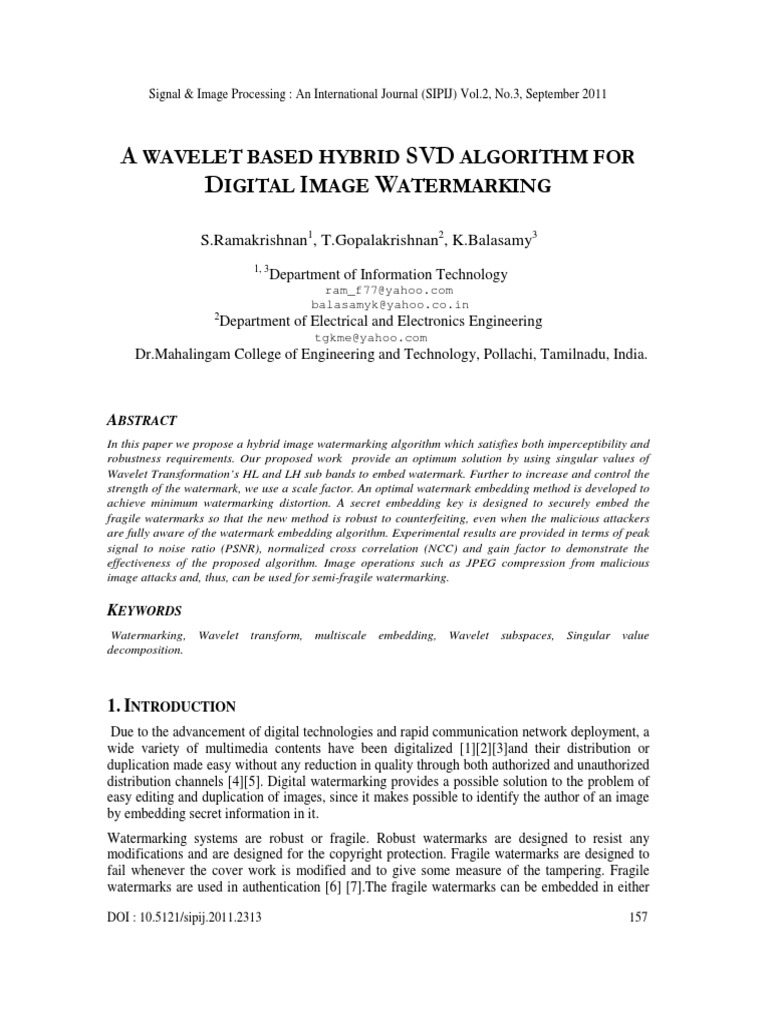A Wavelet Based Hybrid SVD Algorithm For Digital Image Watermarking ...