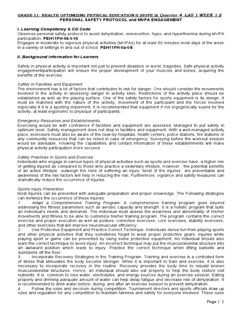 HOPE 2: Grade 11 Quarter 4 Safety Guide | PDF | Dehydration | Physical ...