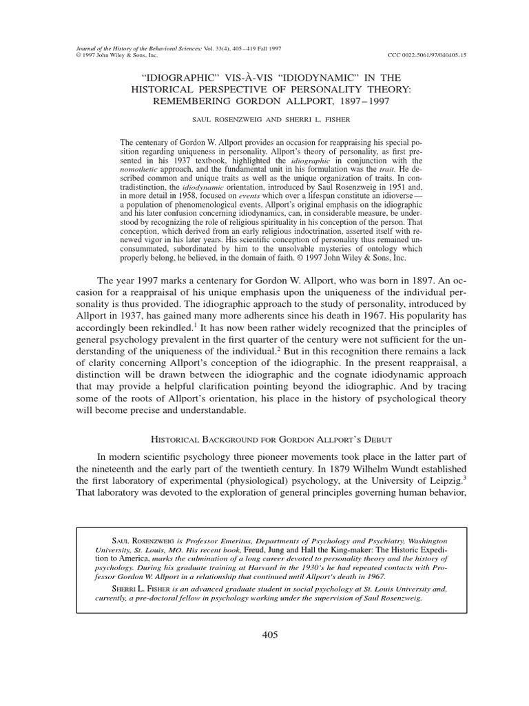 J History Behavioral Science - 1998 - Rosenzweig - Idiographic Vis - E2 ...