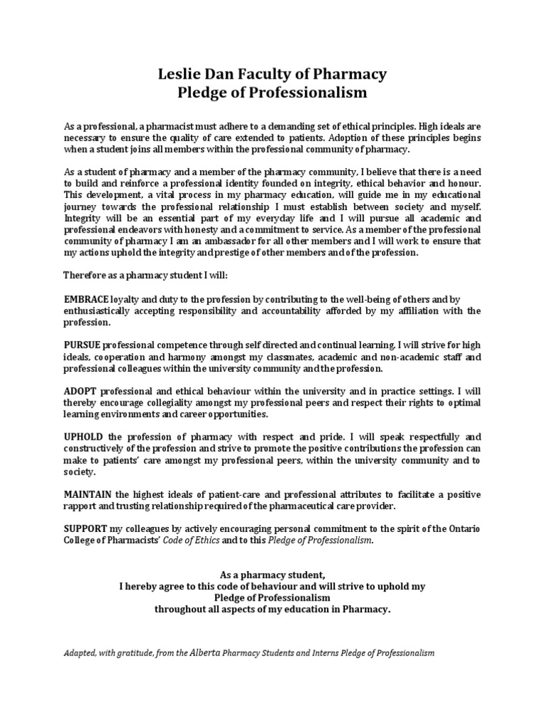 Pharmacy Student Professionalism Pledge | PDF | Profession | Pharmacy