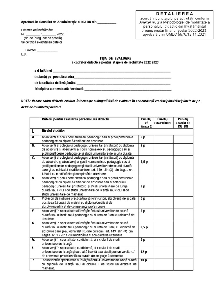 Fisa evaluare cadre didactice mobilitate cf anexa 2 2022 2023 pdf
