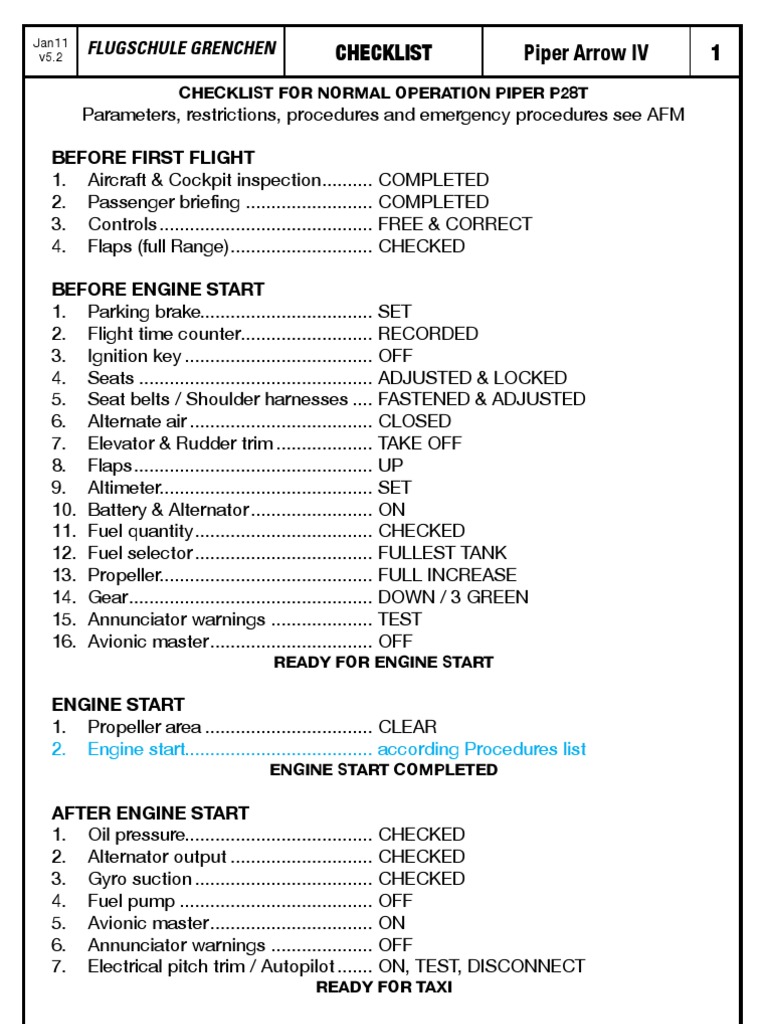 Piper Arrow IV Normal Operation Checklist | PDF | Takeoff | Avionics