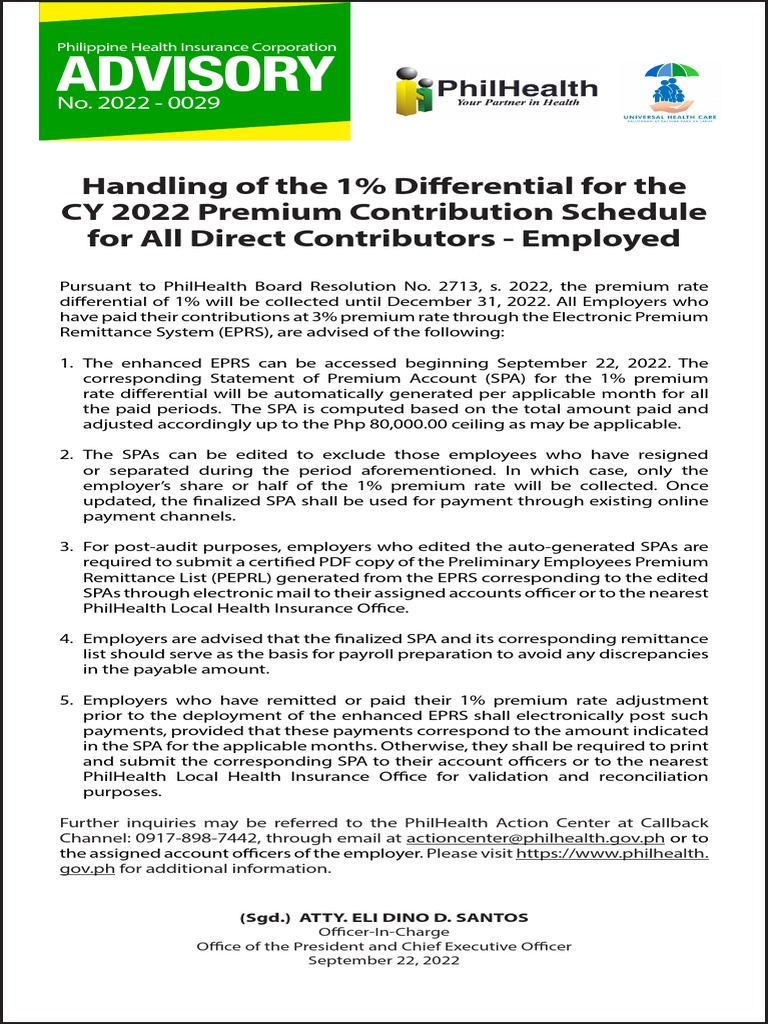 Philhealth Advisory 1 Differential PDF Insurance Employment