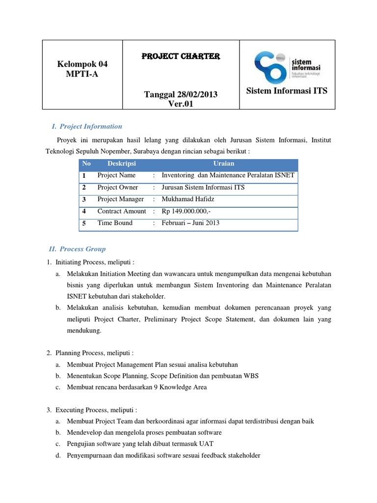 Contoh Project Charter SIMBA SI | PDF