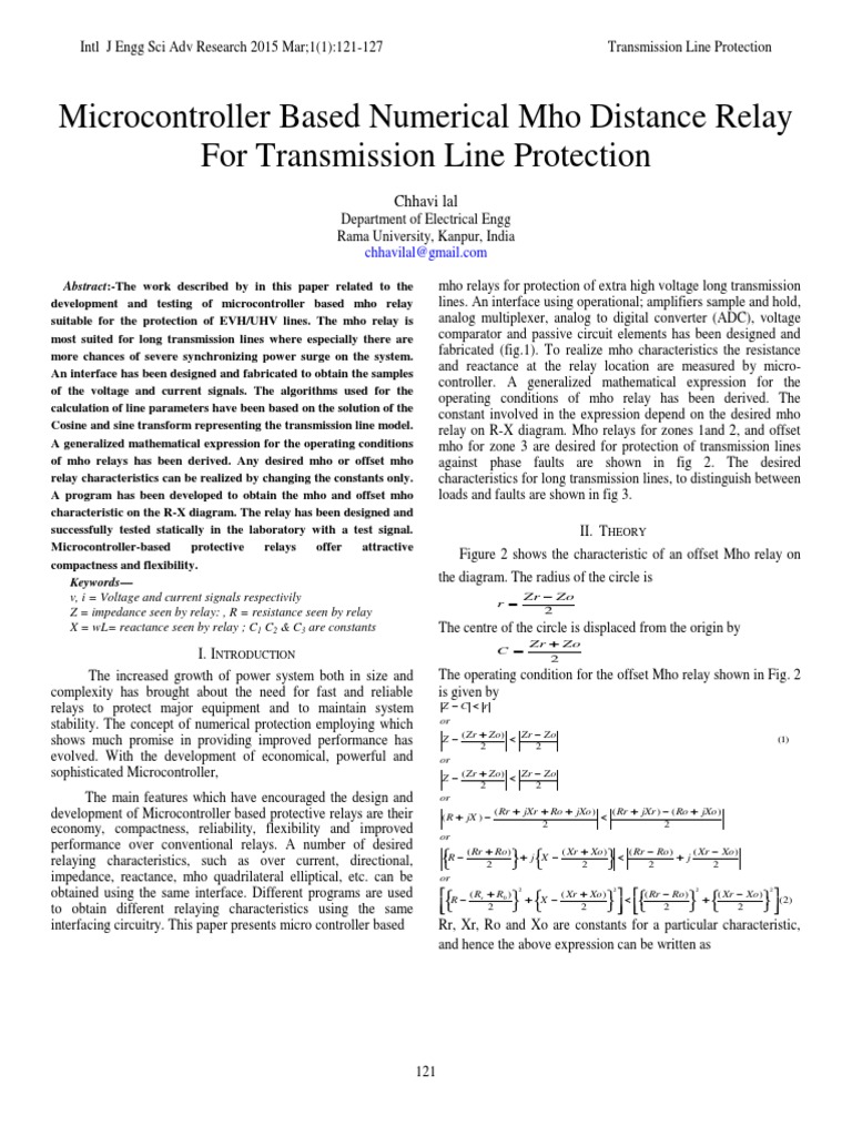 Microcontroller Based Numerical Mho Distance Relay For Transmission