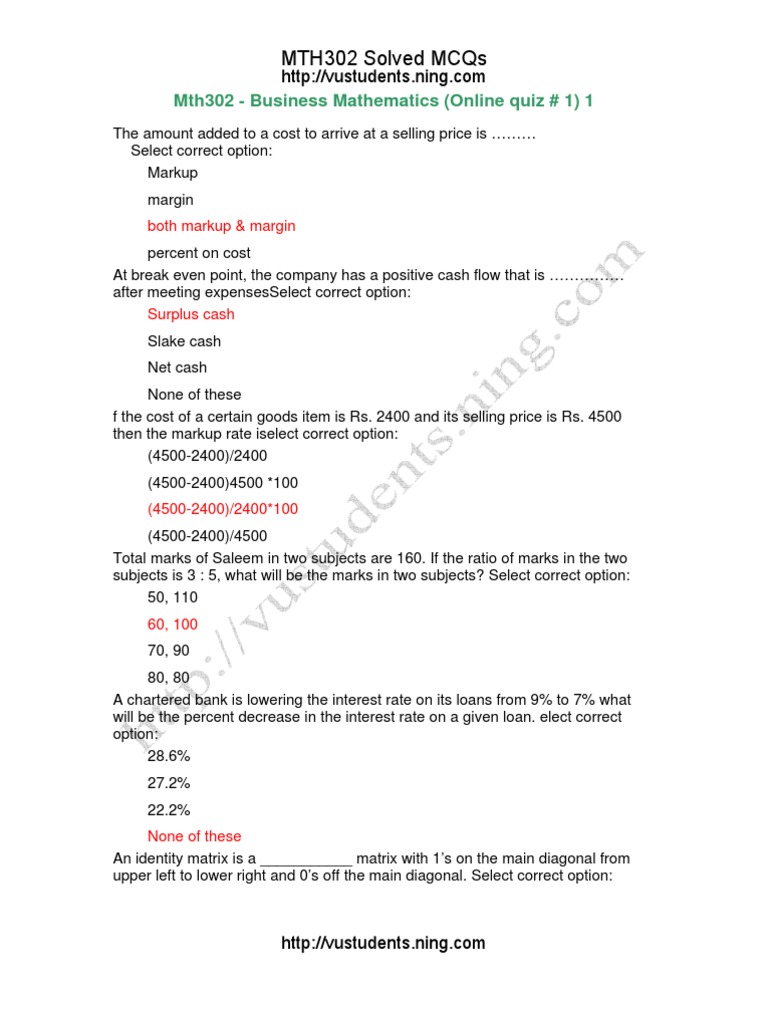 MTH302 Business Mathematics MCQs | PDF | Correlation And Dependence ...