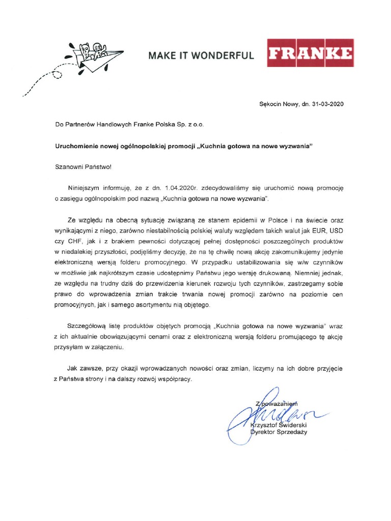 Franke Polska Promocja Kuchnia Gotowa Na Nowe Wyzwania Pismo Do 