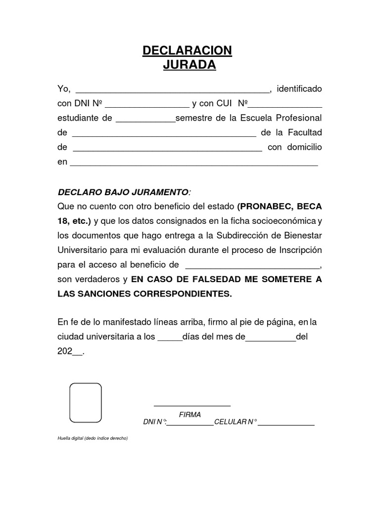 Declaración Jurada de No Beneficio Estatal | PDF