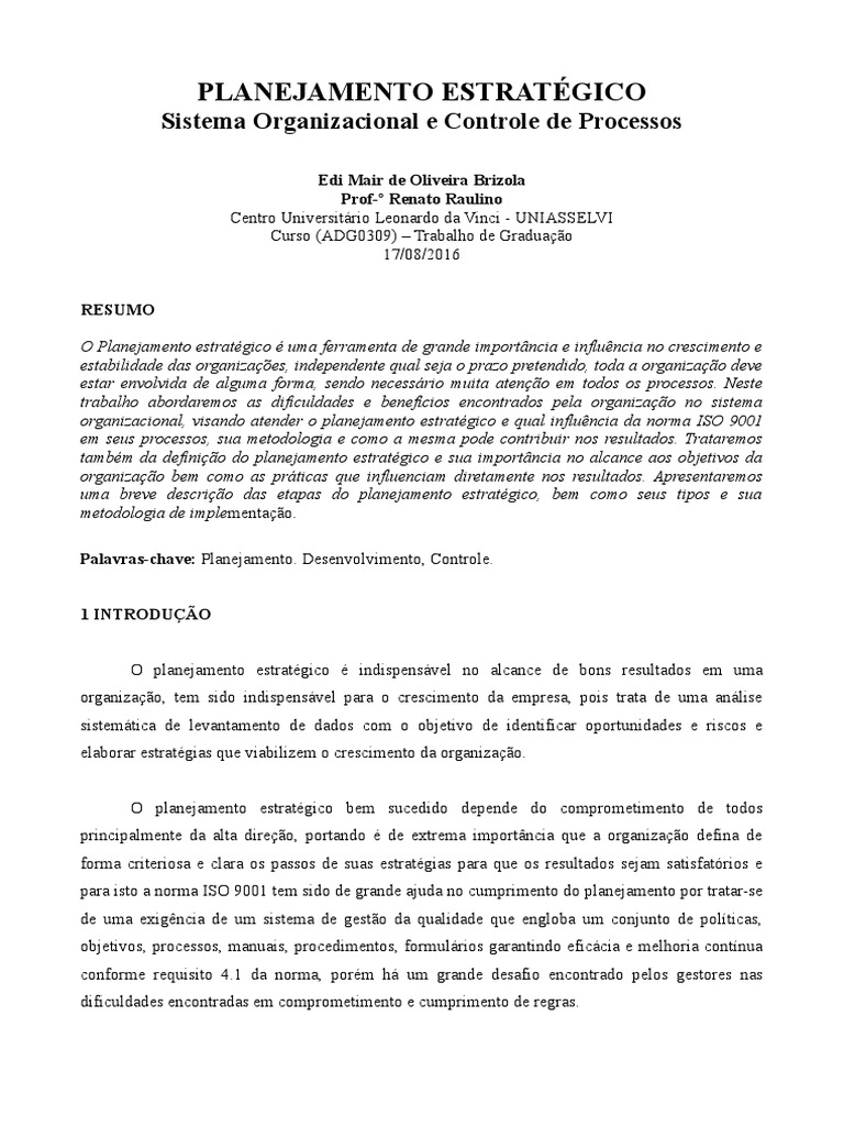 Planejamento Estratégico e ISO 9001 | PDF | Planejamento | ISO 9000