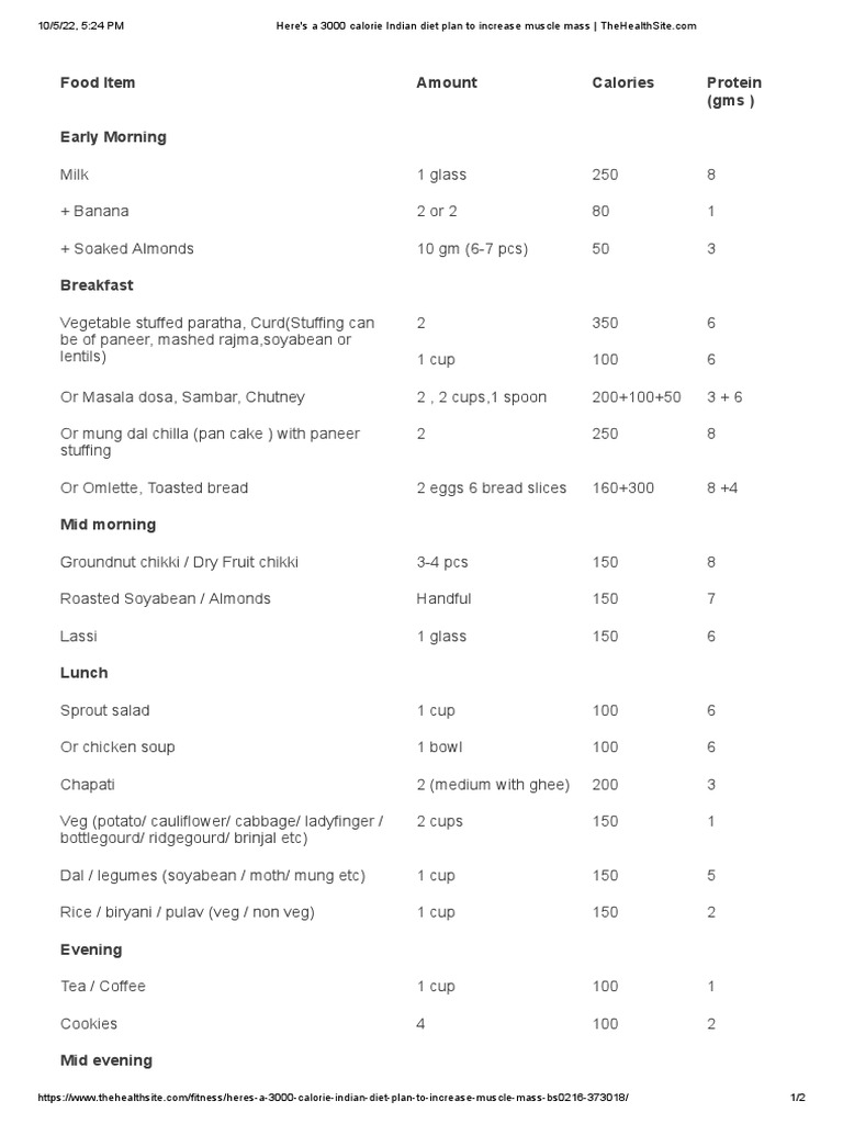 3000 Calorie Indian Muscle Gain Diet | PDF | Indian Cuisine | Cuisine