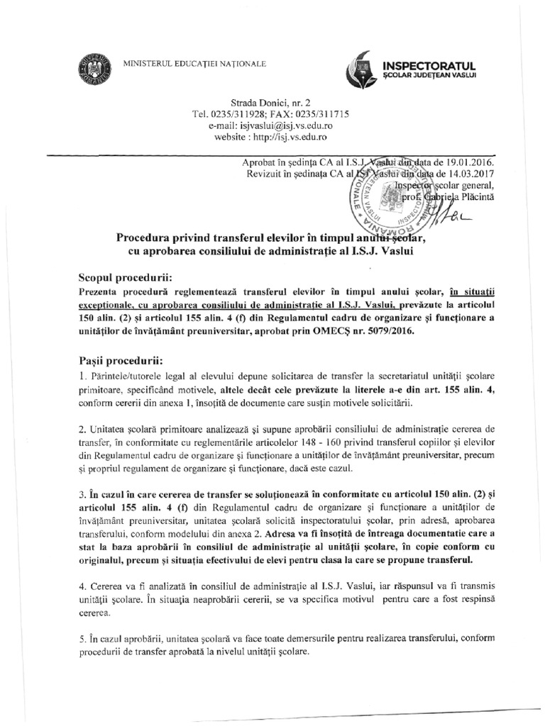 Procedura Transfer Elevi Cu Aprobarea CA Al ISJ PDF