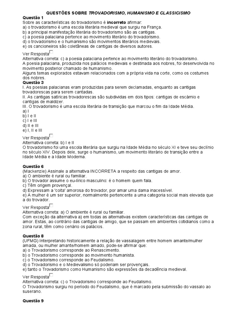 Questões sobre Trovadorismo e Humanismo | PDF