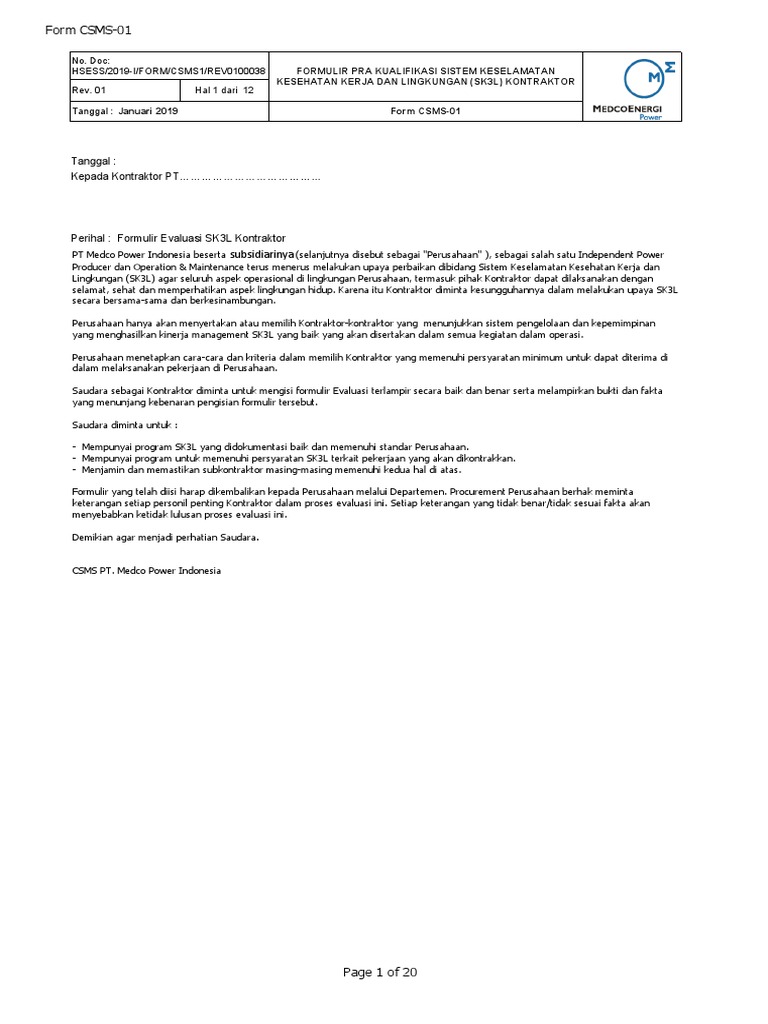 Form CSMS-01 - MPI To Bidder (PT Varian Persada Indonesia) | PDF