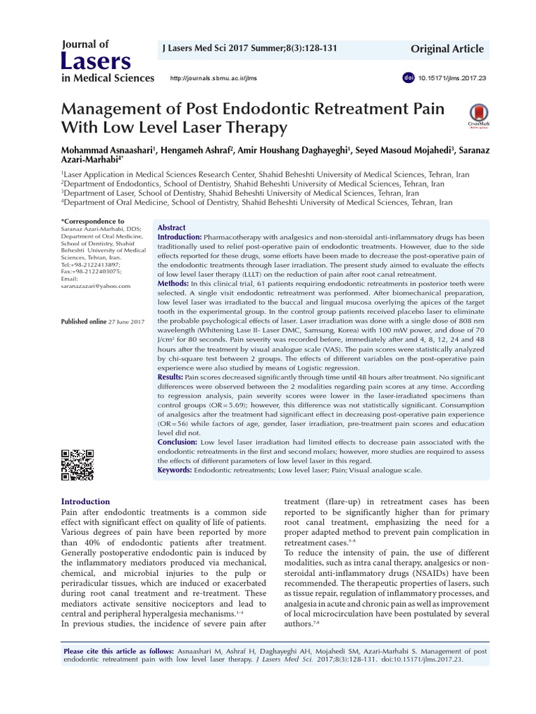 Management of Post Endodontic Retreatment Pain PDF Pain