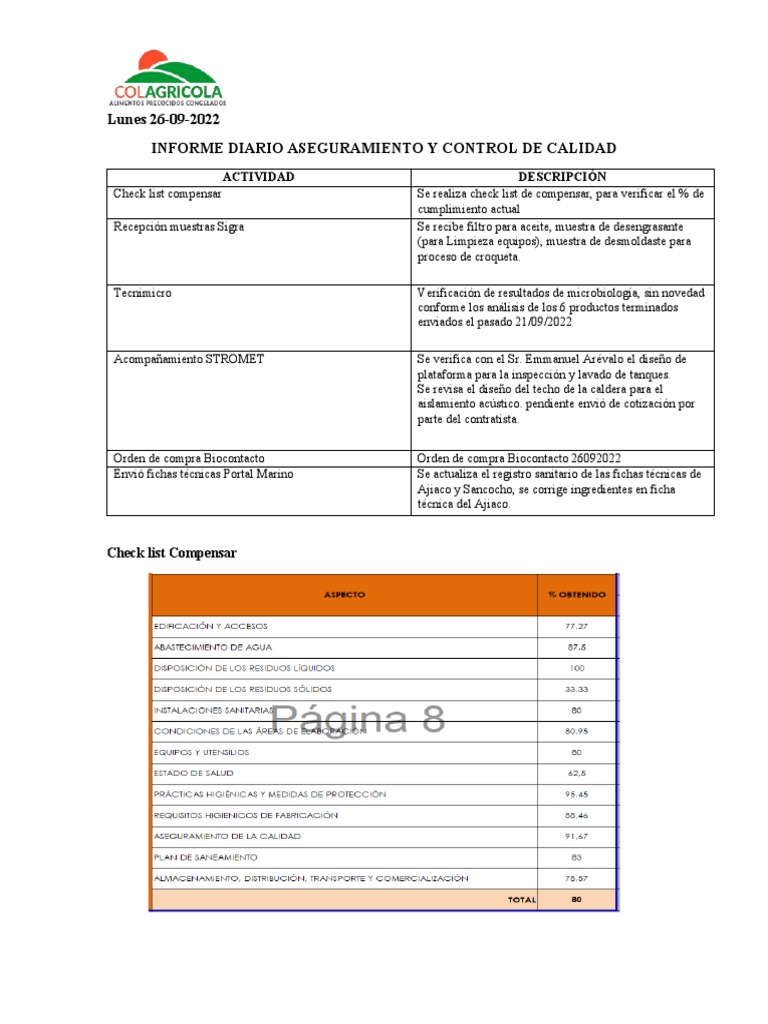 Informe Diario Aseguramiento y Control de Calidad | PDF