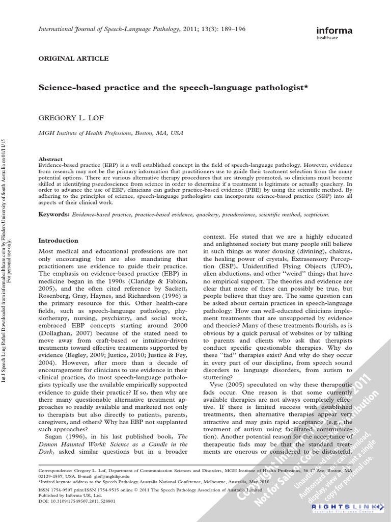 Science-Based Practice and The Speech-Language Pathologist (2011) | PDF