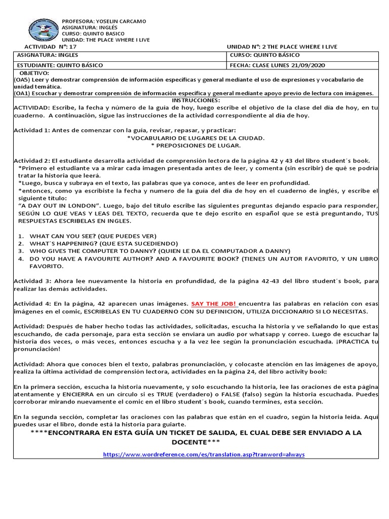 Guia N°17 Clase Lunes 21, 09, 2020 Unidad N°2 Asignatura Ingles Curso Quinto Basico PDF