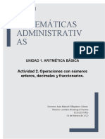 Matemáticas Administrativ AS: Actividad 2. Operaciones Con Números Enteros, Decimales y Fraccionarios