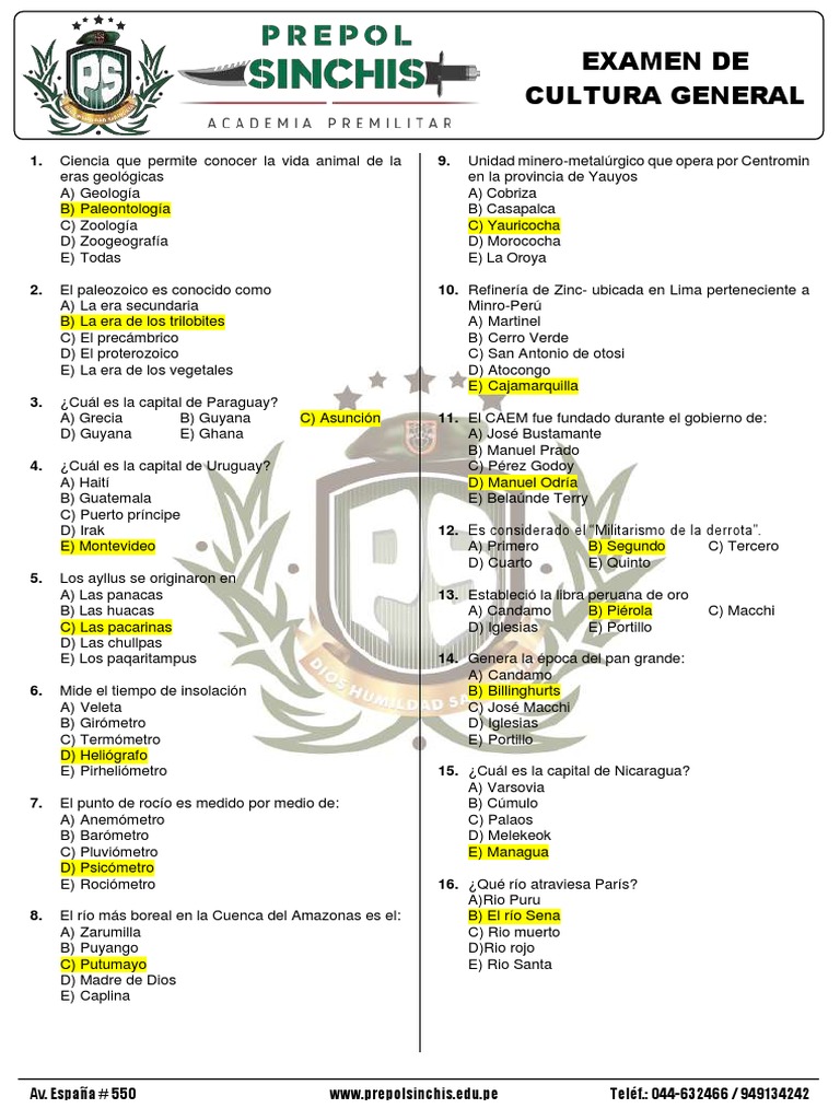 Examen de Cultura General Prepol Sinchis | PDF | Ciencias de la Tierra ...