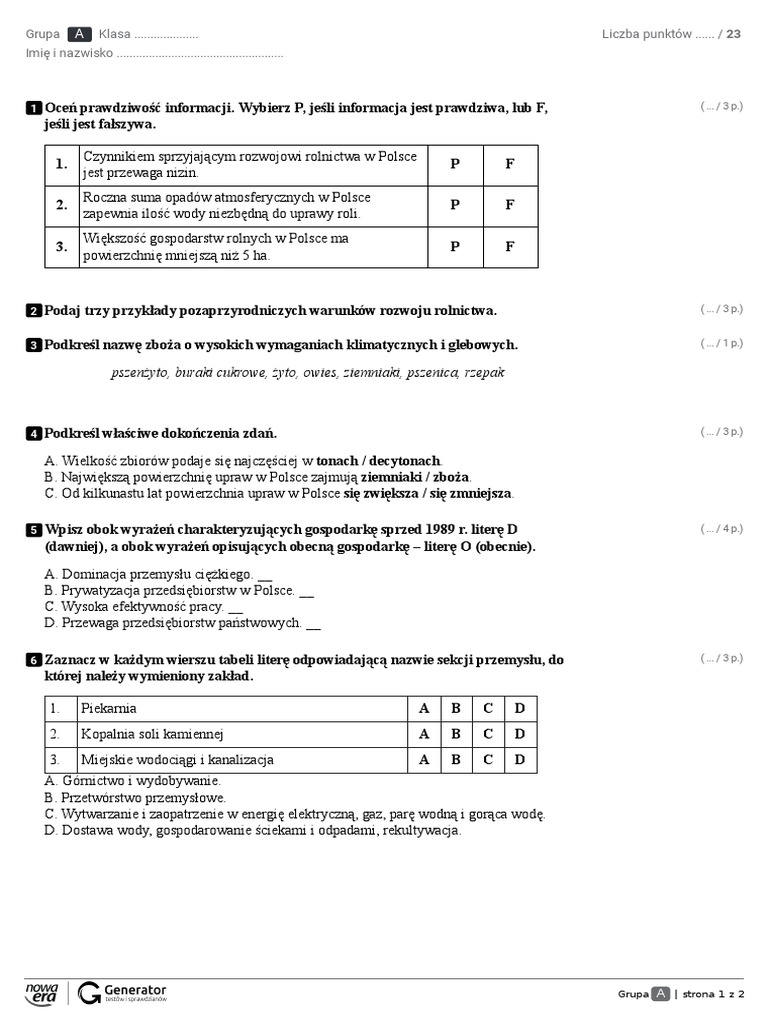 Rolnictwo I Przemysł Polski Sprawdzian Klasa 7 Nowa Era Zosia - Test Rolnictwo I Przemysł Polski | PDF