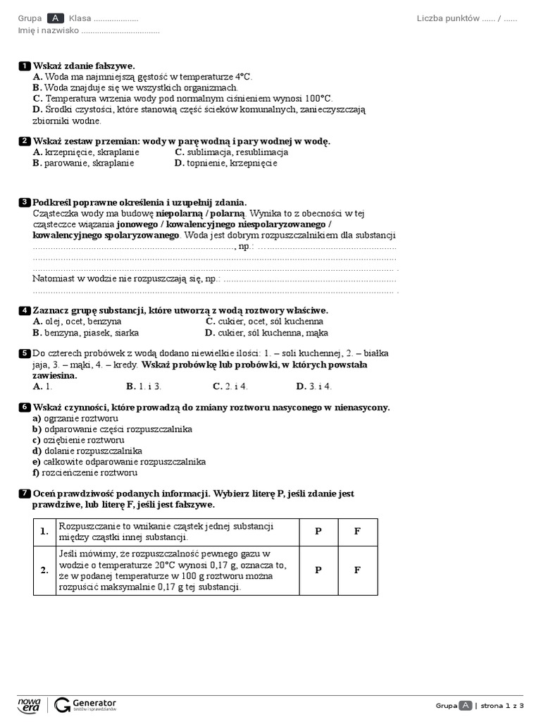 Woda I Roztwory Wodne Sprawdzian Klasa 7 Odpowiedzi Woda I Roztwory Wodne. | PDF