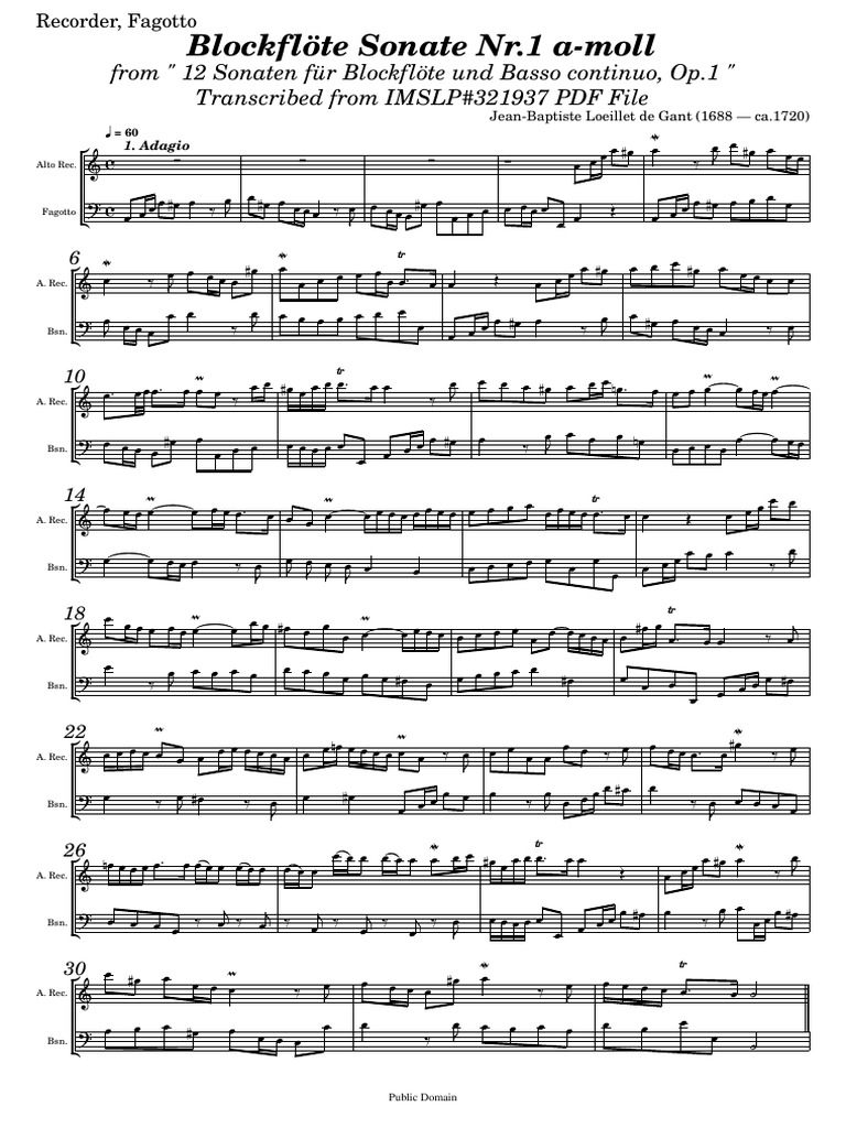 Loeillet J. B. de Gant - Sonata Op.1, No.1 in A-Moll-Recorder ...
