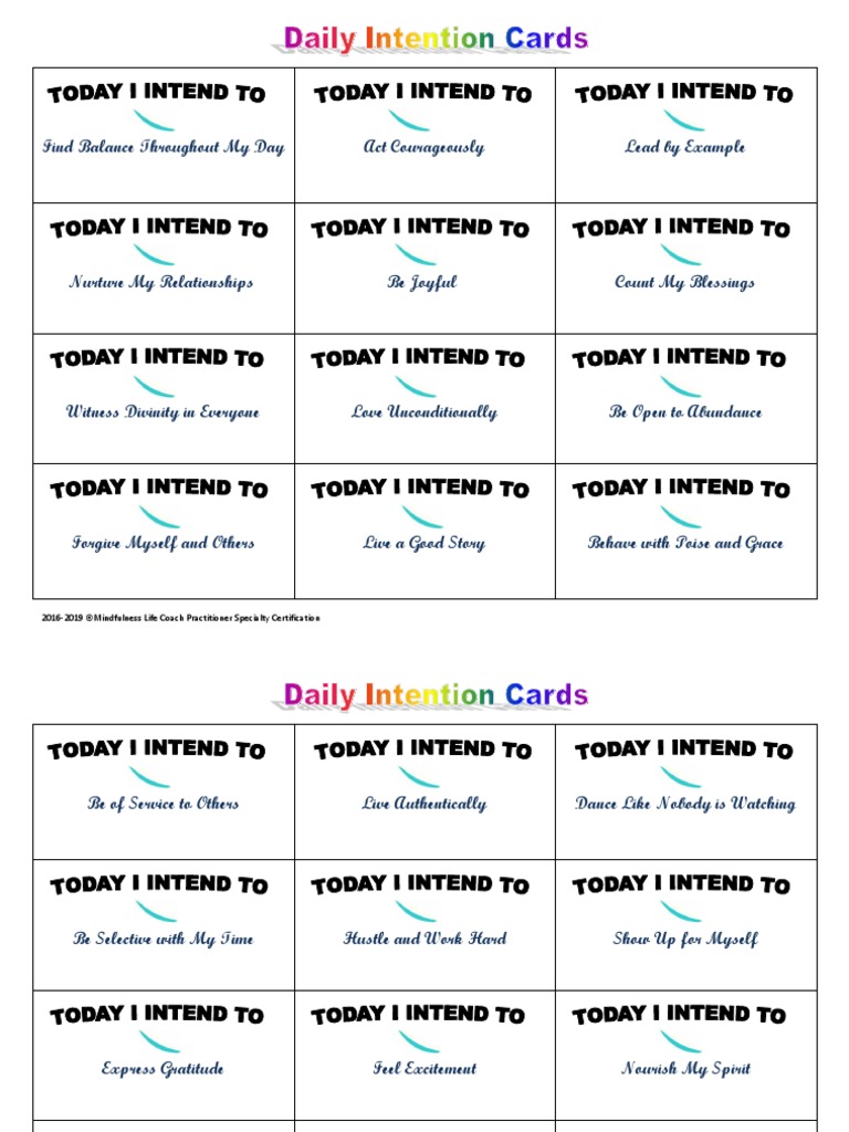 Daily Intention Cards Mindfulness Life Coach Certification | PDF