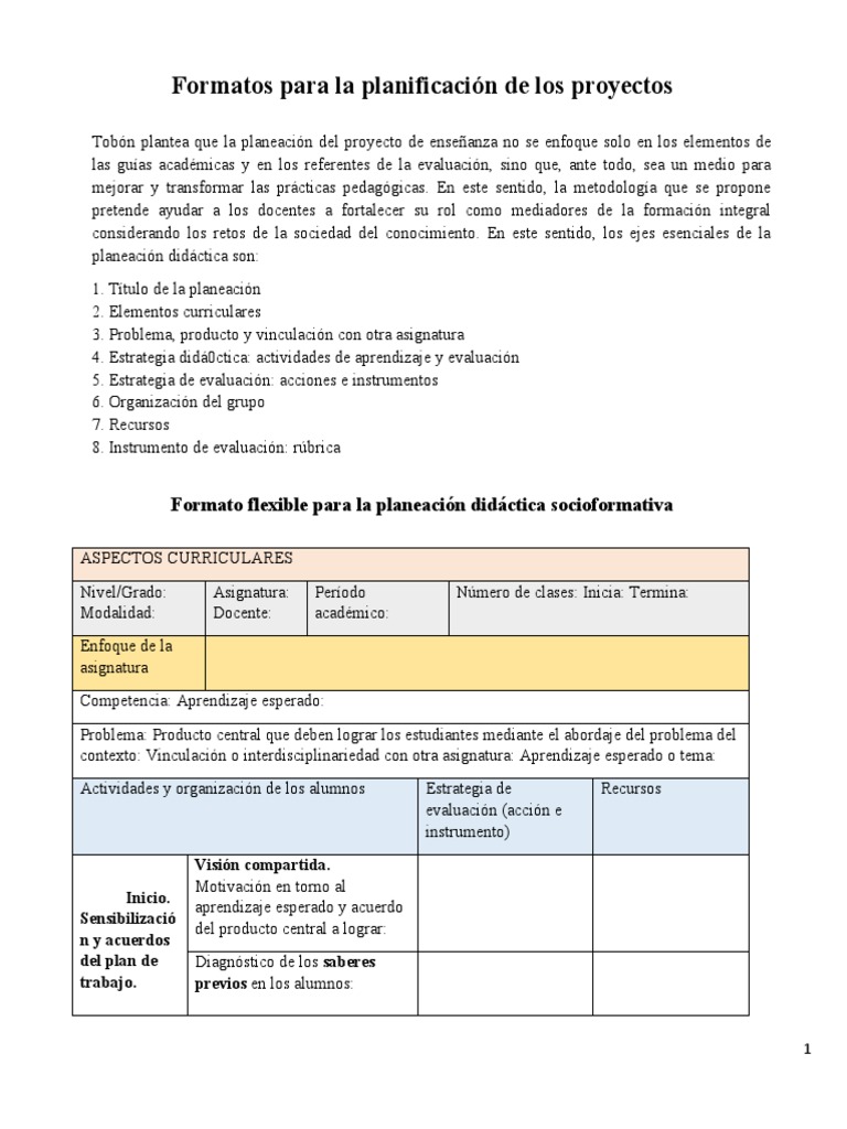 Formatos para La Planificación de Los Proyectos | PDF | Evaluación ...