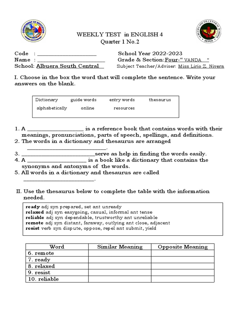 Weekly English Test for Grade 4 | PDF | Dictionary | Linguistics