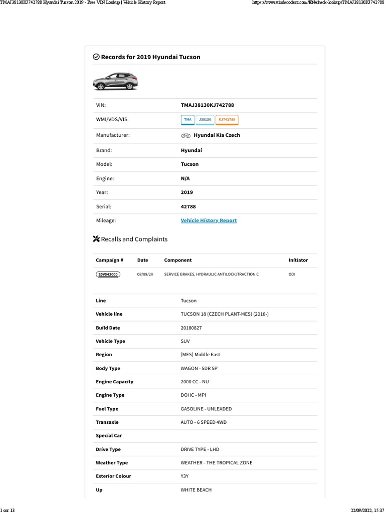 TMAJ38130KJ742788 Hyundai Tucson 2019 Free VIN Lookup Vehicle History Report PDF Private