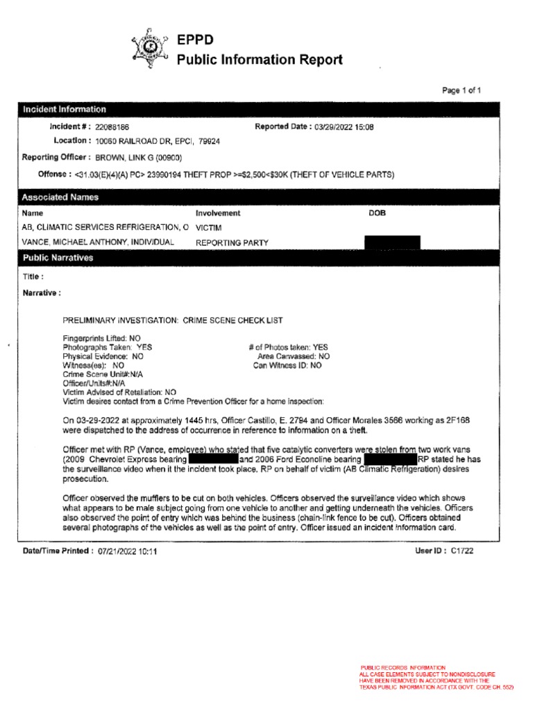 Catalytic Converter Theft Police Reports PDF