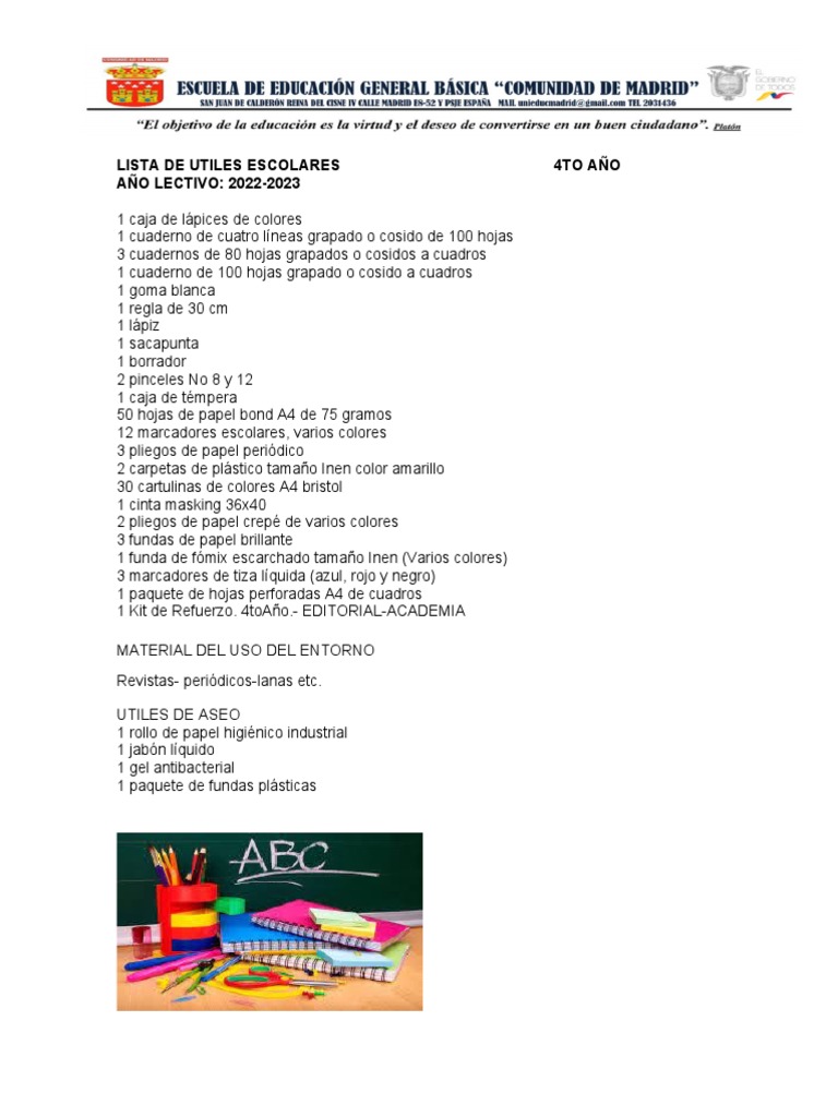 Lista de Utiles Escolares | PDF