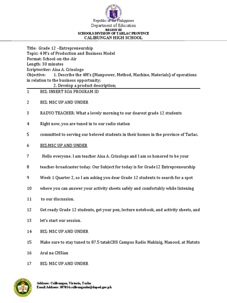 SCRIPT Entrepreneurship Week 1Q2 | PDF | Supply Chain | Business Model