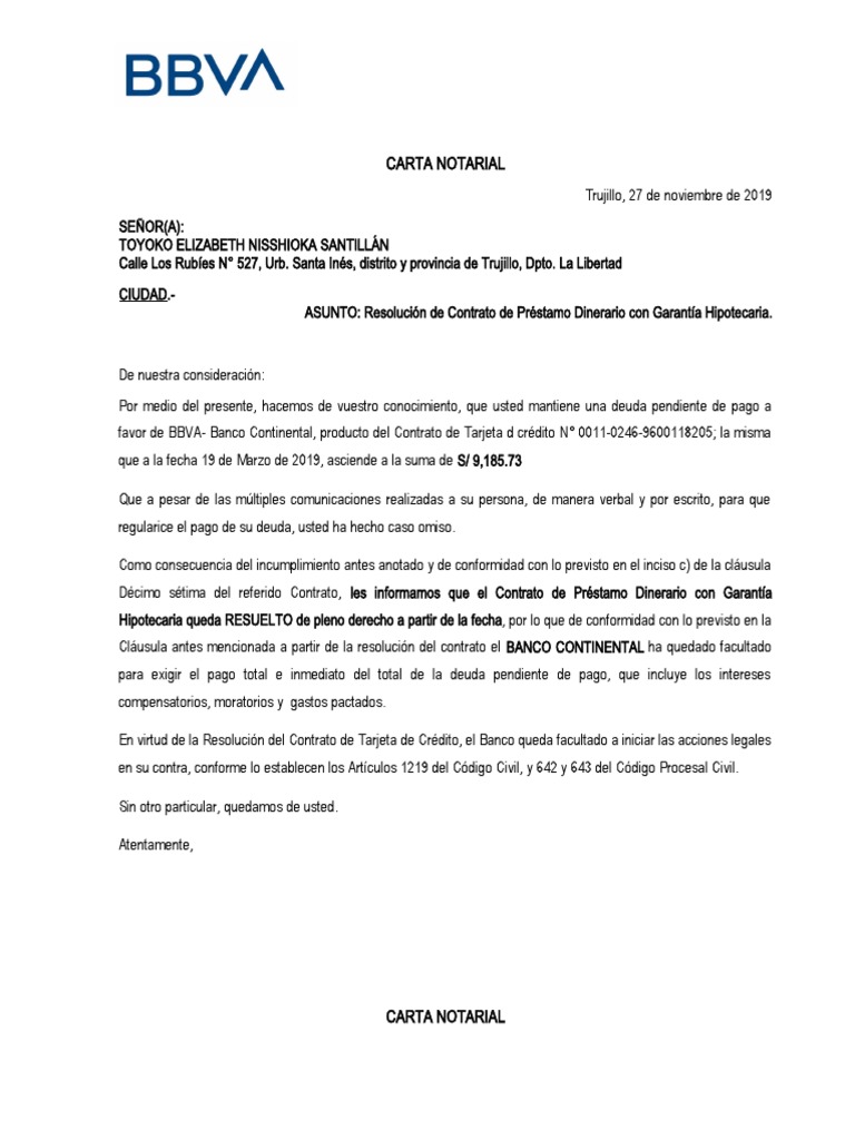 Cartas de Resolución de Contrato - Bbva | PDF