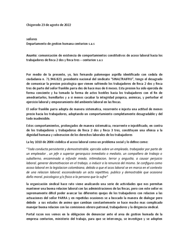 Denuncia Por Acoso Laboral Trabajadores de Finca Dos y Finca Tres | PDF