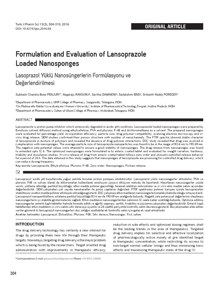 Formulation and Evaluation of Lansoprazole Loaded Nanosponges | PDF ...