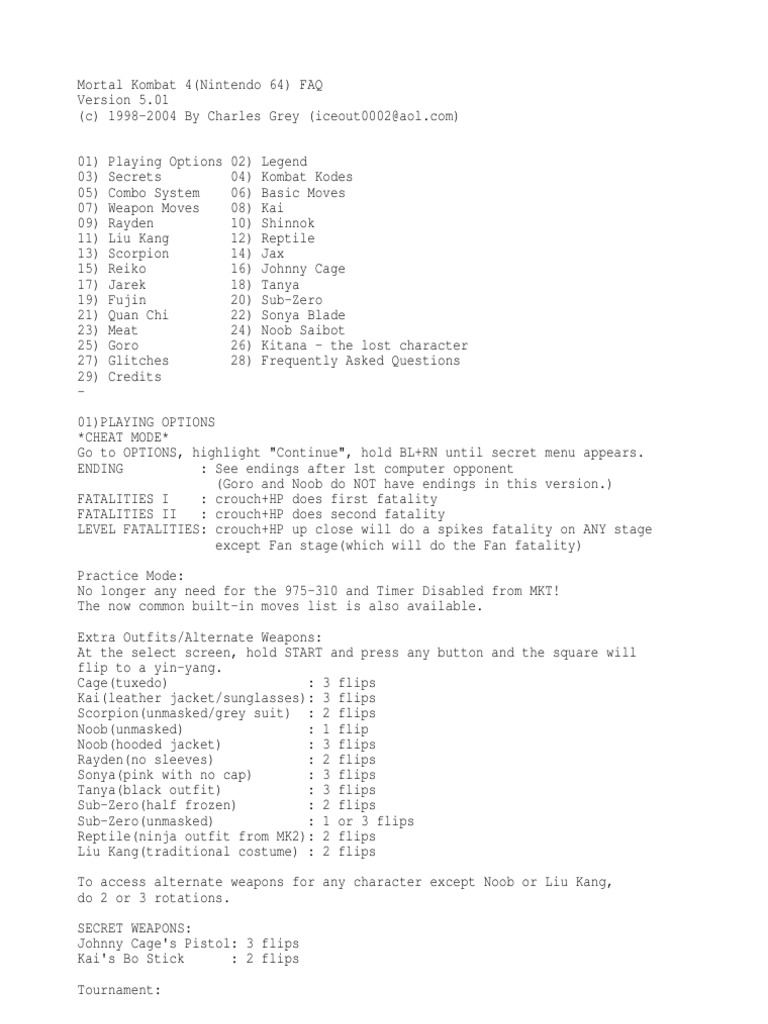 Mortal Kombat 4 (PS1) - Quan Chi Move List [Movimentos/Combos] 