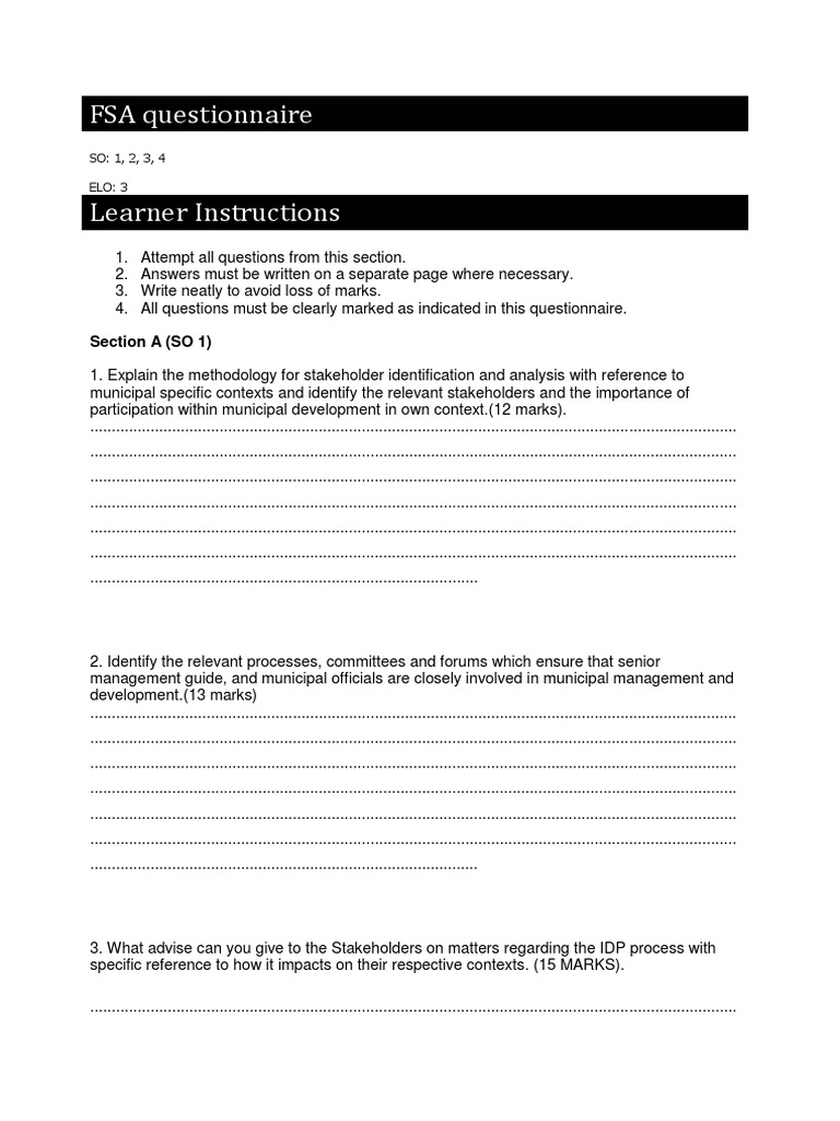 FSA Questionnaire Section A (SO 1) PDF Capacity Building Cognition