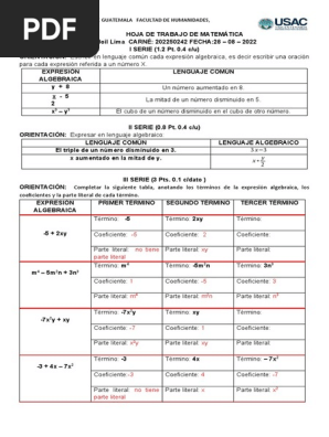 Hoja De Trabajo Para Escribir Expresiones Algebraicas En Formato Pdf
