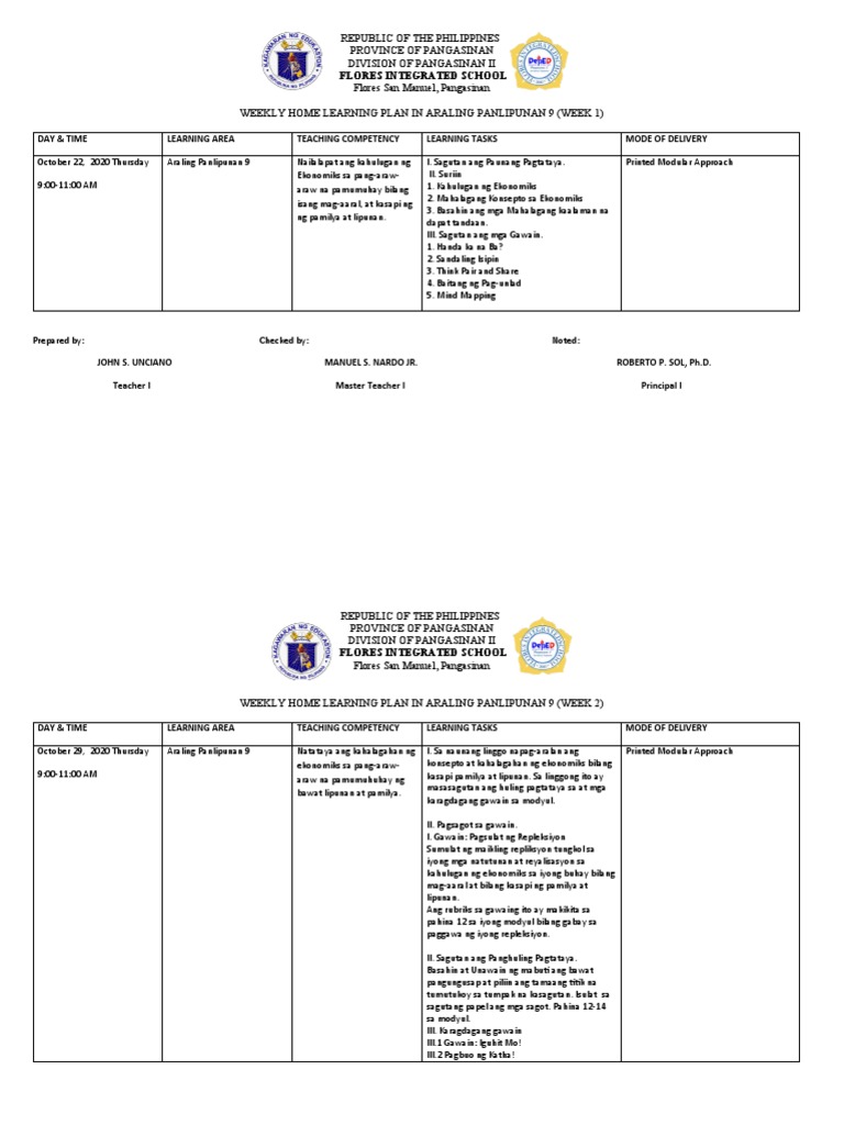 Weekly Home Learning Plan Week 1&2 AP 9 2020-2021 | PDF
