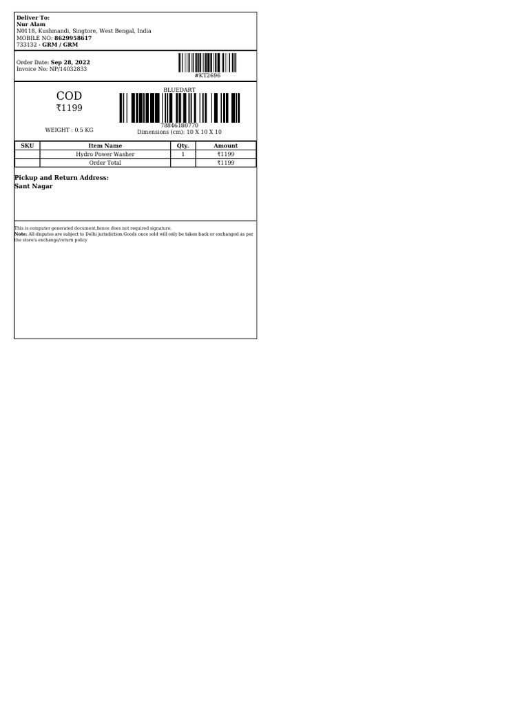 Pickup and Return Address: Sant Nagar: Deliver To: Nur Alam | PDF