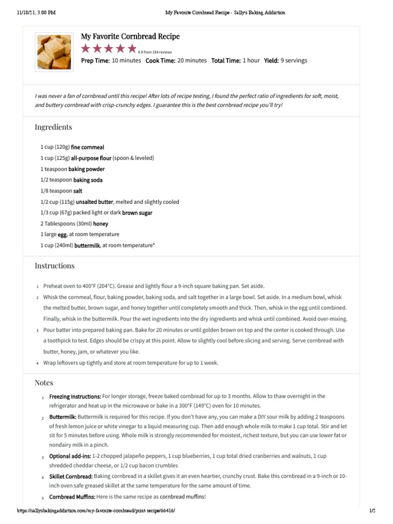 My Favorite Cornbread Recipe Sally's Baking Addiction PDF Baking