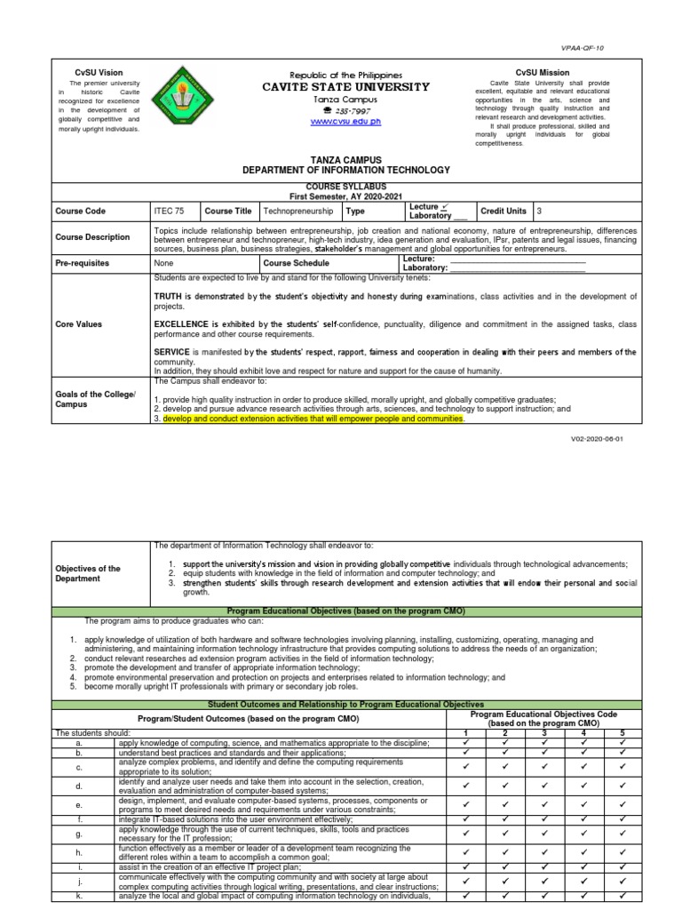 Technopreneurship Course Syllabus | PDF | Computer Program | Programming