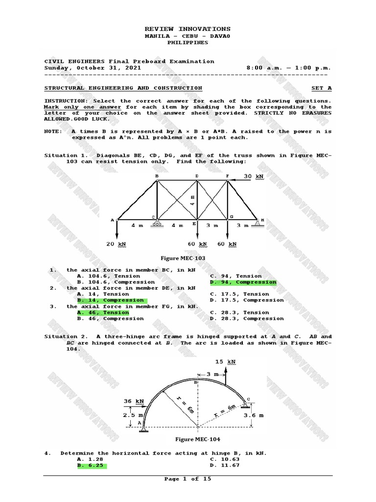 Civil Engineering Preboard Exam 2021 | PDF | Bending | Beam (Structure)