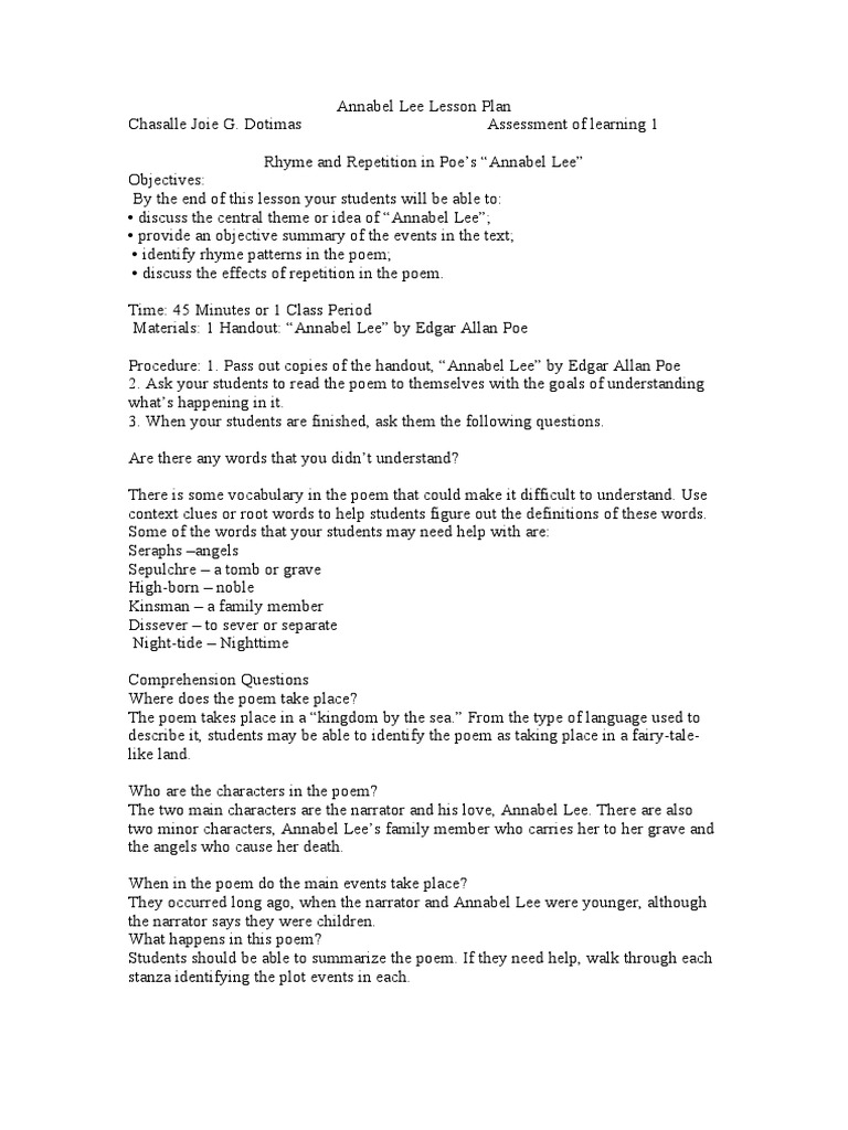 Annabel Lee Lesson Plan PDF Poetry