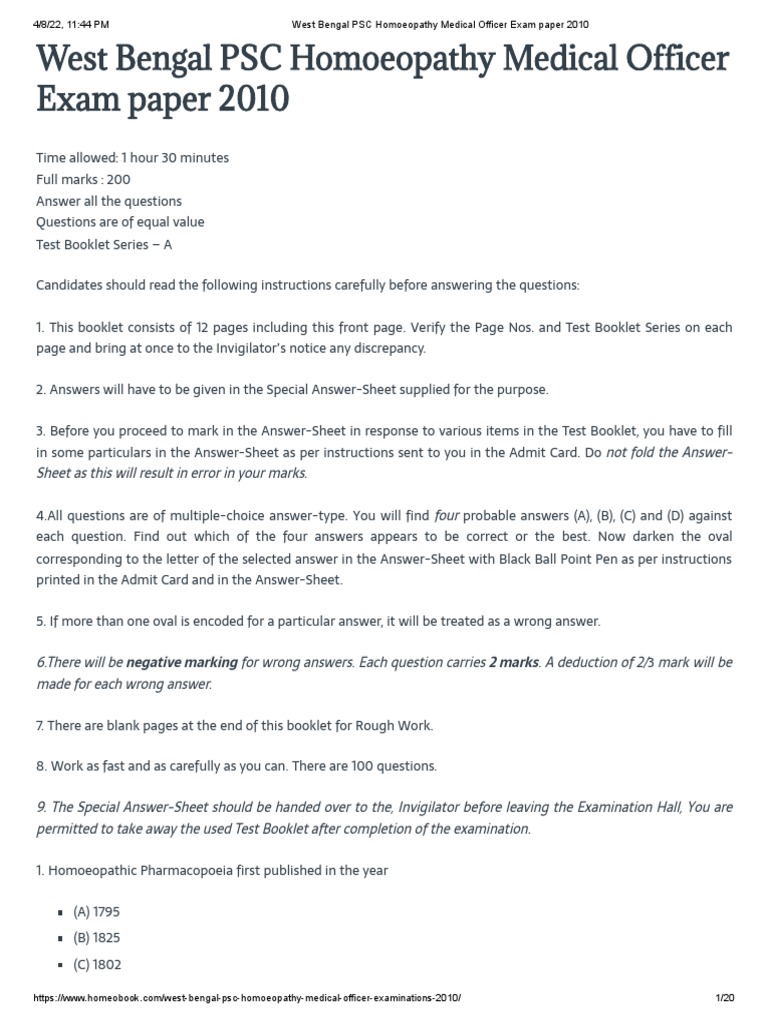 West Bengal PSC Homoeopathy Medical Officer Exam Paper 2010 PDF